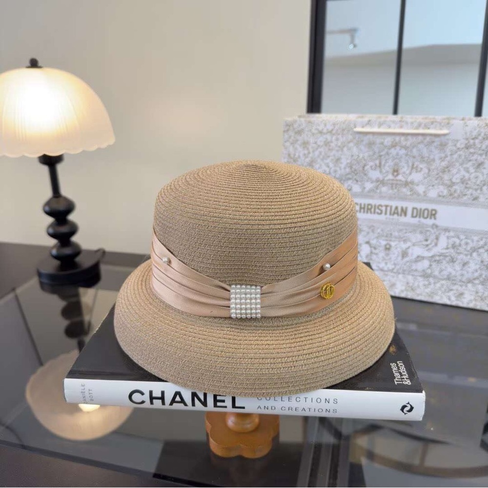 Miu Miu Beige Straw Bucket Hat with Satin Band & Pearl Detail - Picture 6 of 6